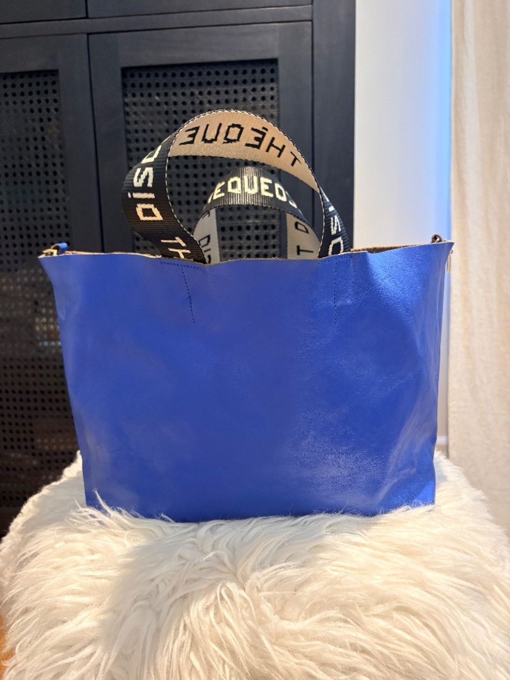 Clare V. Tote in Electric Blue with Black and White "Discotheque" Strap